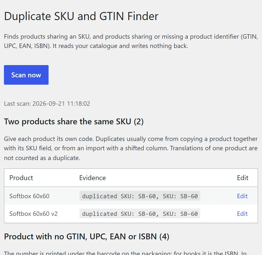 The Duplicate SKU and GTIN Finder screen, demo store: two products share the same SKU, SB-60, each listed with the value that was read and a link to edit it
